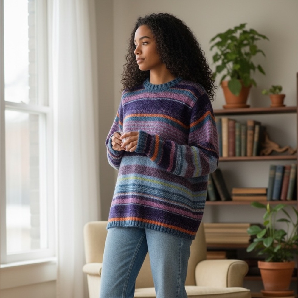 Vintage Women's Sweater with Purple and Blue Stripes